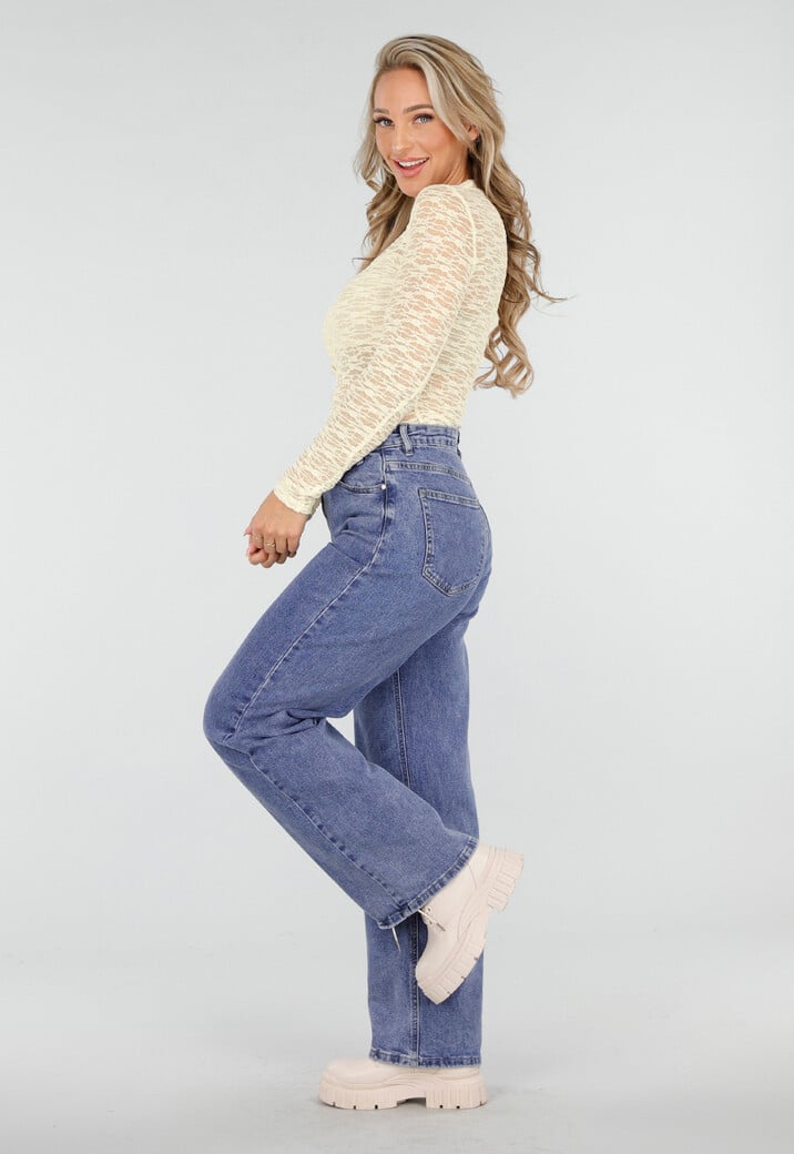 Crèmekleurige Kanten Top met Lange Mouwen en Hoge Hals