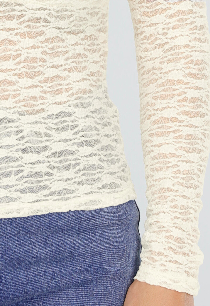 Crèmekleurige Kanten Top met Lange Mouwen en Hoge Hals