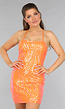 Oranje Pailletten Bodycon Jurk met Veterdetail