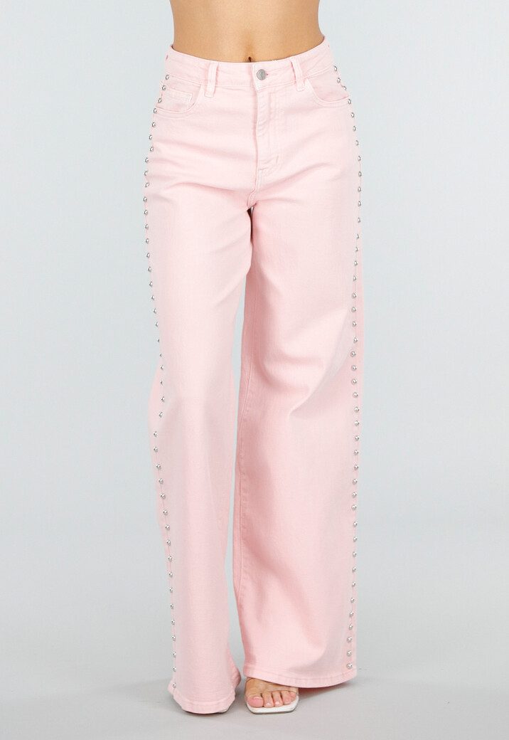 Lichtroze High Waist Wide Leg Jeans met Stud Details