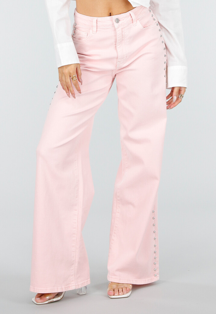 Lichtroze High Waist Wide Leg Jeans met Stud Details
