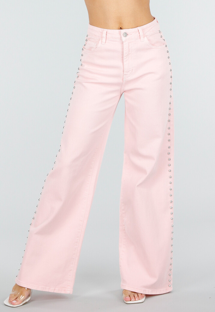 Lichtroze High Waist Wide Leg Jeans met Stud Details