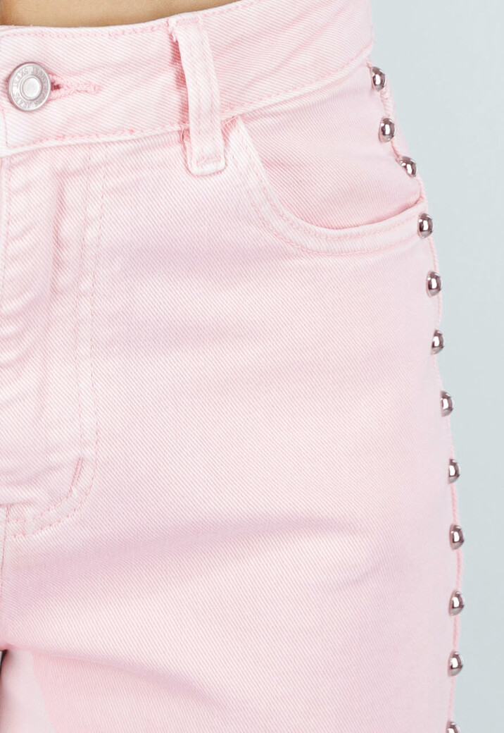 Lichtroze High Waist Wide Leg Jeans met Stud Details