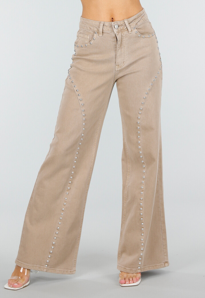 Beige High Waist Wide Leg Jeans met Zilveren Studs