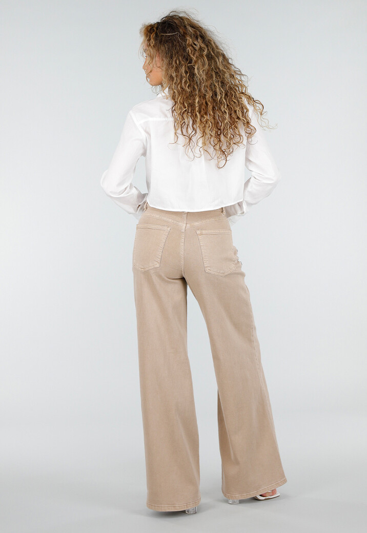 Beige High Waist Wide Leg Jeans met Zilveren Studs