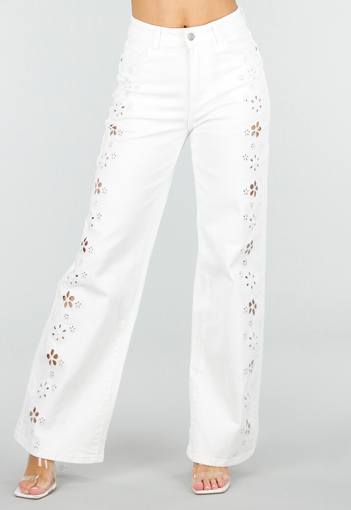 Witte Wide Leg Jeans met Broderie Anglaise en High Waist Pasvorm