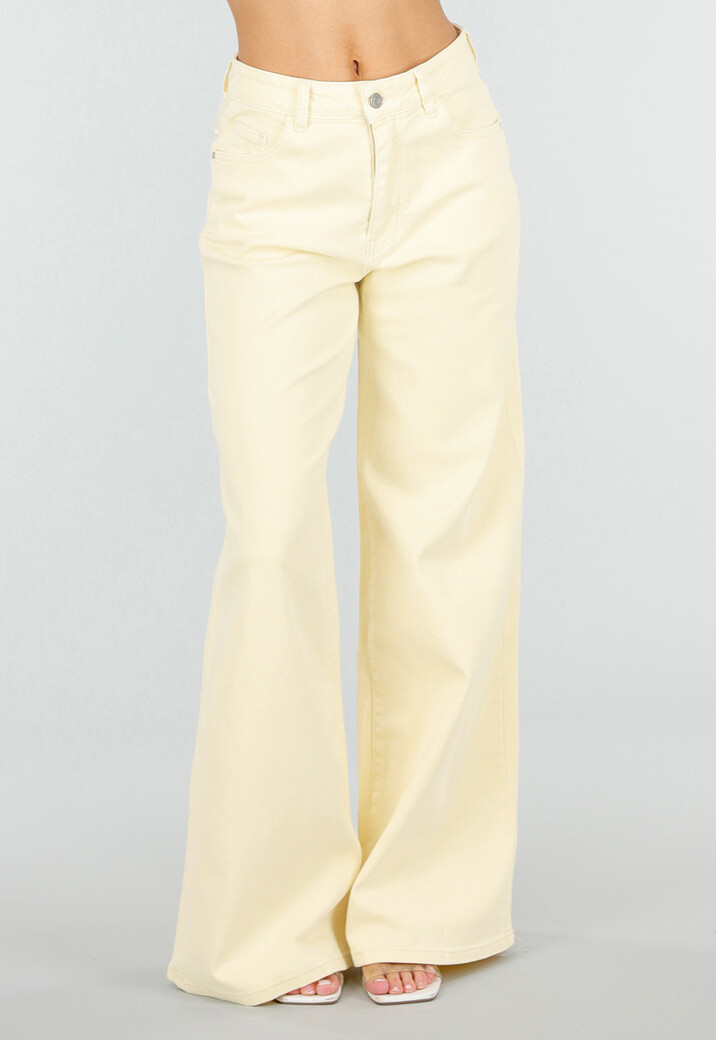 Lichtgele Wide Leg Jeans met High Waist en Rechte Wijde Pijpen