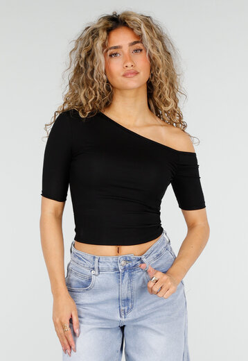 Cropped Zwarte One Shoulder Top