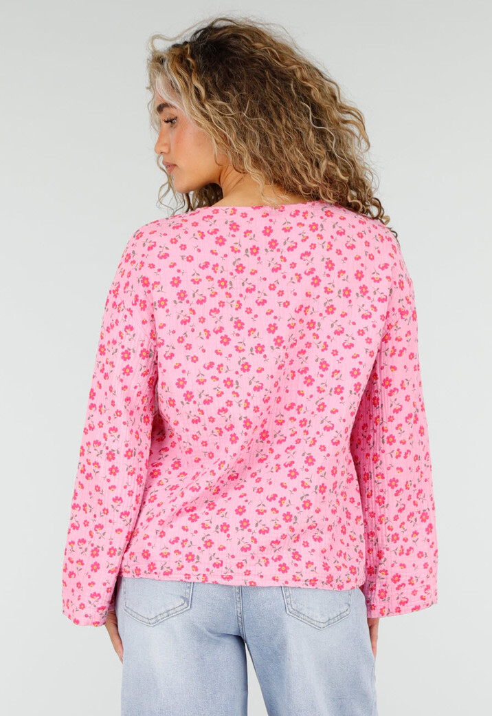 Roze Blouse met Rode Bloemenprint en Striksluiting Voor