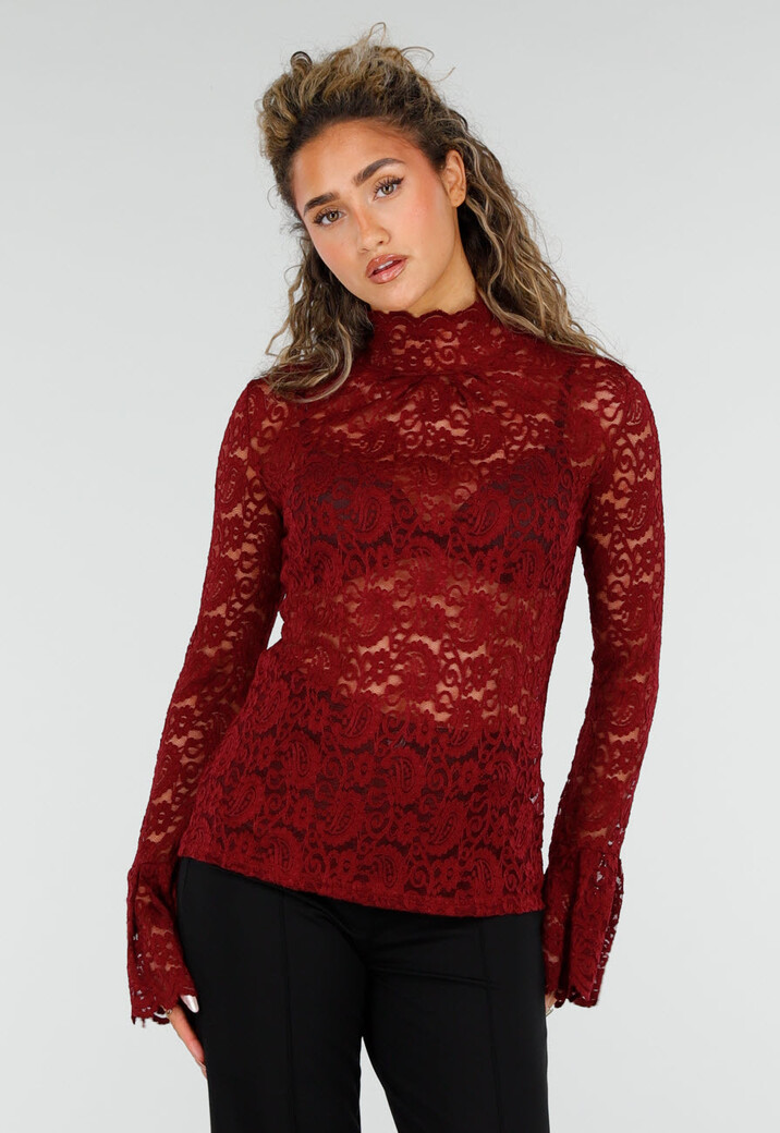 Rode Kanten Top met Lange Mouwen en Hoge Hals