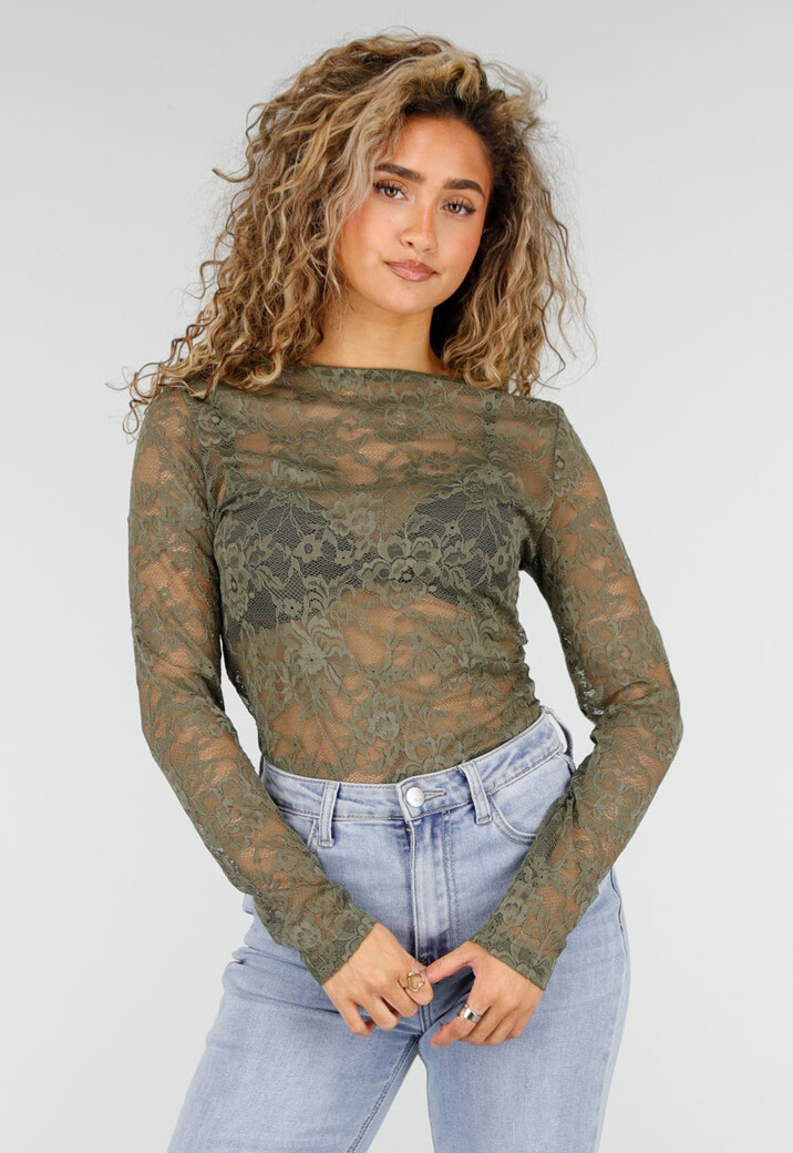 Groene Kanten Top met Lange Mouwen en V-Hals