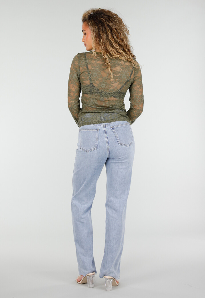 Groene Kanten Top met Lange Mouwen en V-Hals