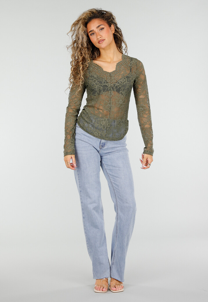 Groene Kanten Top met Lange Mouwen en V-Hals