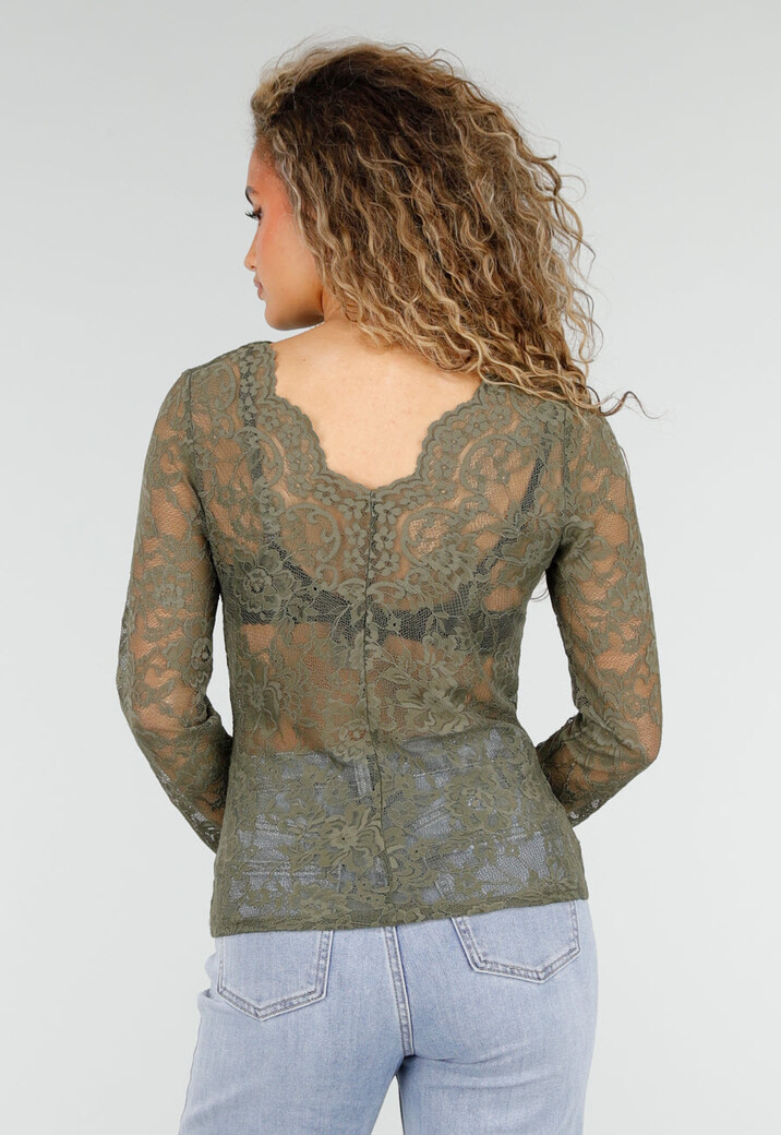 Groene Kanten Top met Lange Mouwen en V-Hals