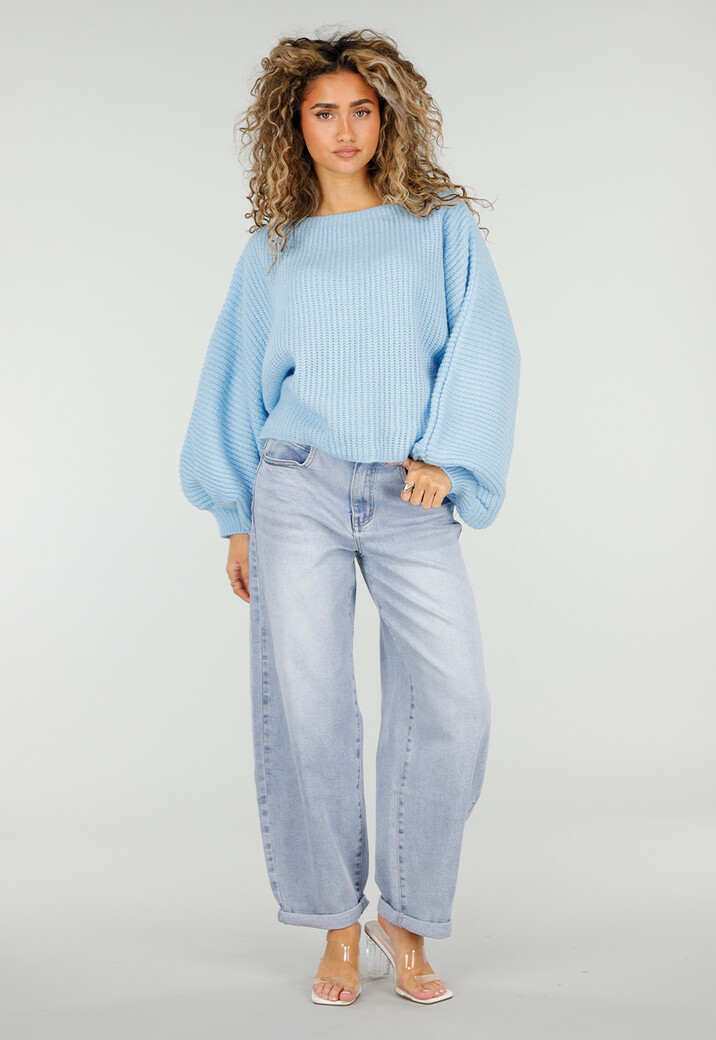 Lichtblauwe Gebreide Trui met Ballonmouwen