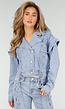 Lichtblauw Denim Jasje met Veterdetails en Ruffle Schouders