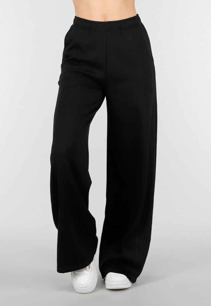 Zwarte Wide Leg Joggingbroek met Elastische Taille en Stretch