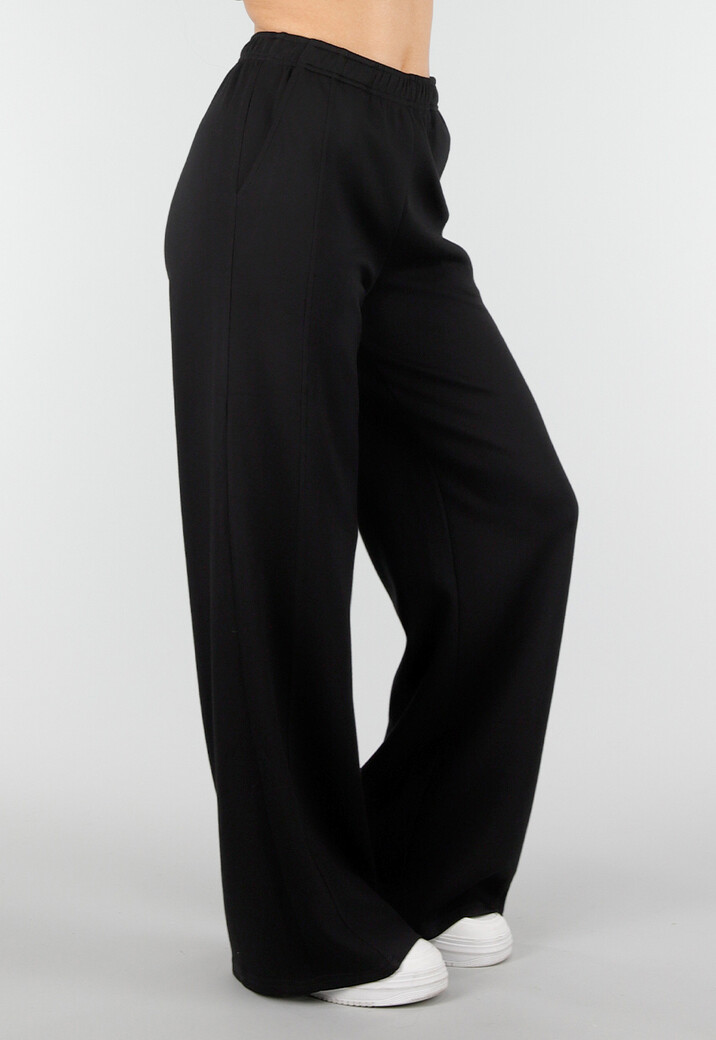 Zwarte Wide Leg Joggingbroek met Elastische Taille en Stretch