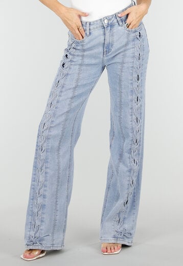 Lichtblauwe Wide Leg Jeans met Veterdetails