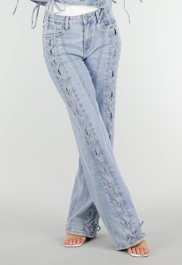 Lichtblauwe Wide Leg Jeans met Veterdetails langs de Pijpen
