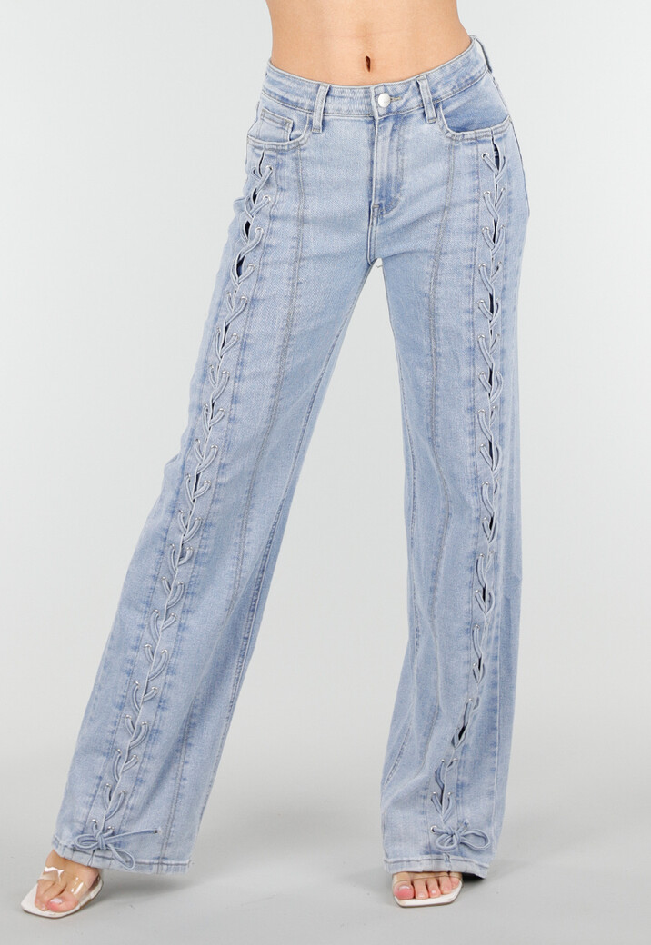Lichtblauwe Wide Leg Jeans met Veterdetails langs de Pijpen