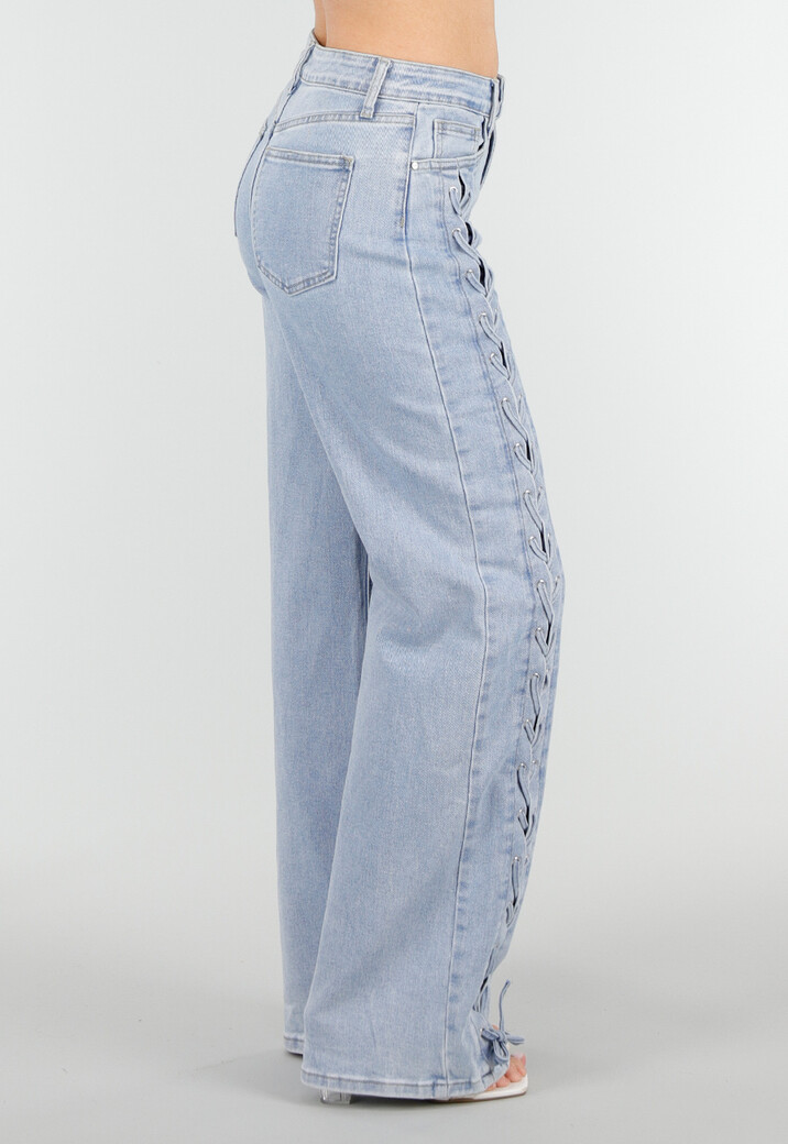 Lichtblauwe Wide Leg Jeans met Veterdetails langs de Pijpen