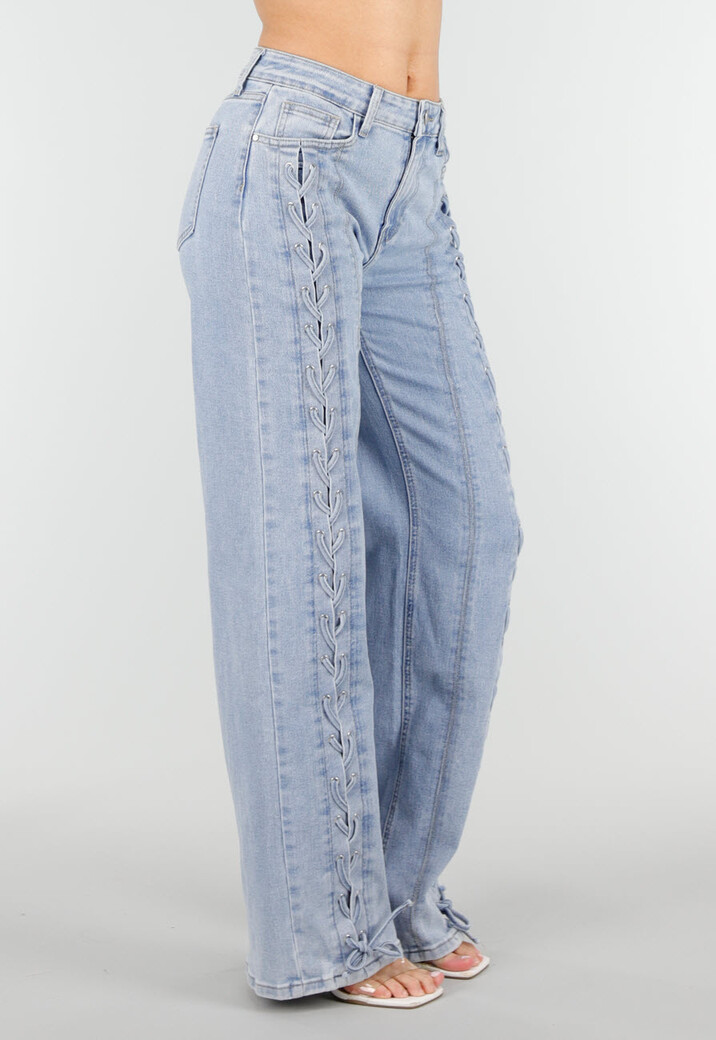 Lichtblauwe Wide Leg Jeans met Veterdetails langs de Pijpen
