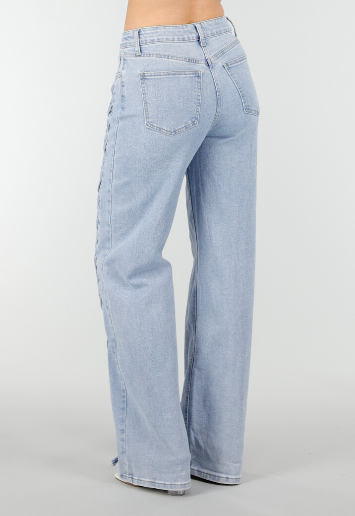 Lichtblauwe Wide Leg Jeans met Veterdetails langs de Pijpen