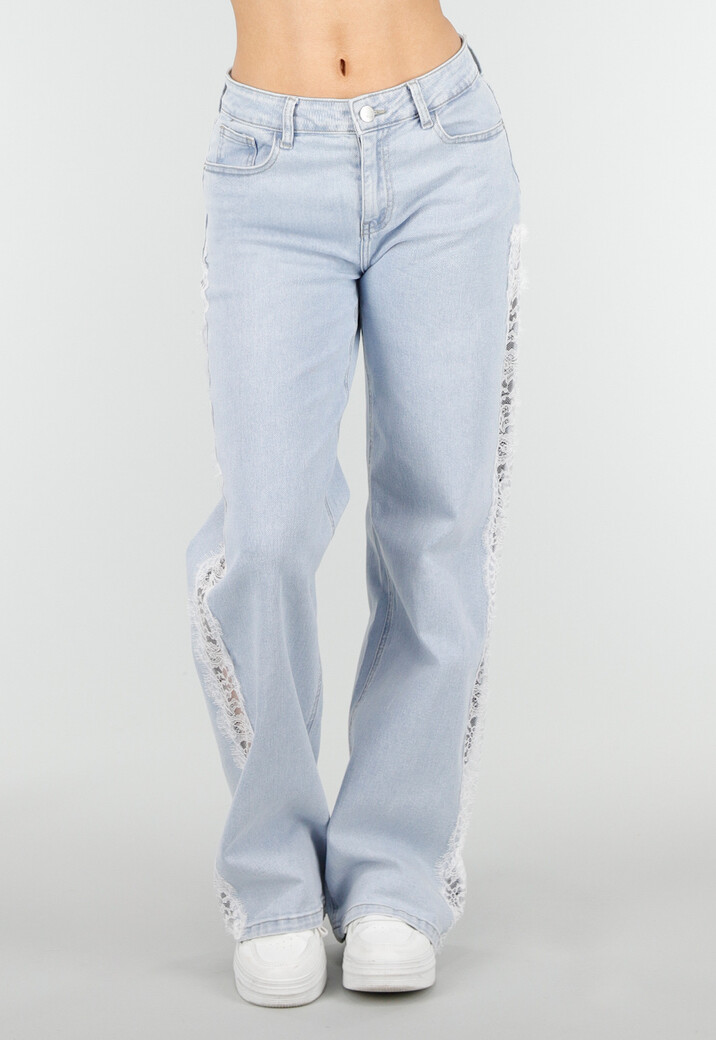 Lichtblauwe Denim Wide Leg Jeans met Kant en Stretch