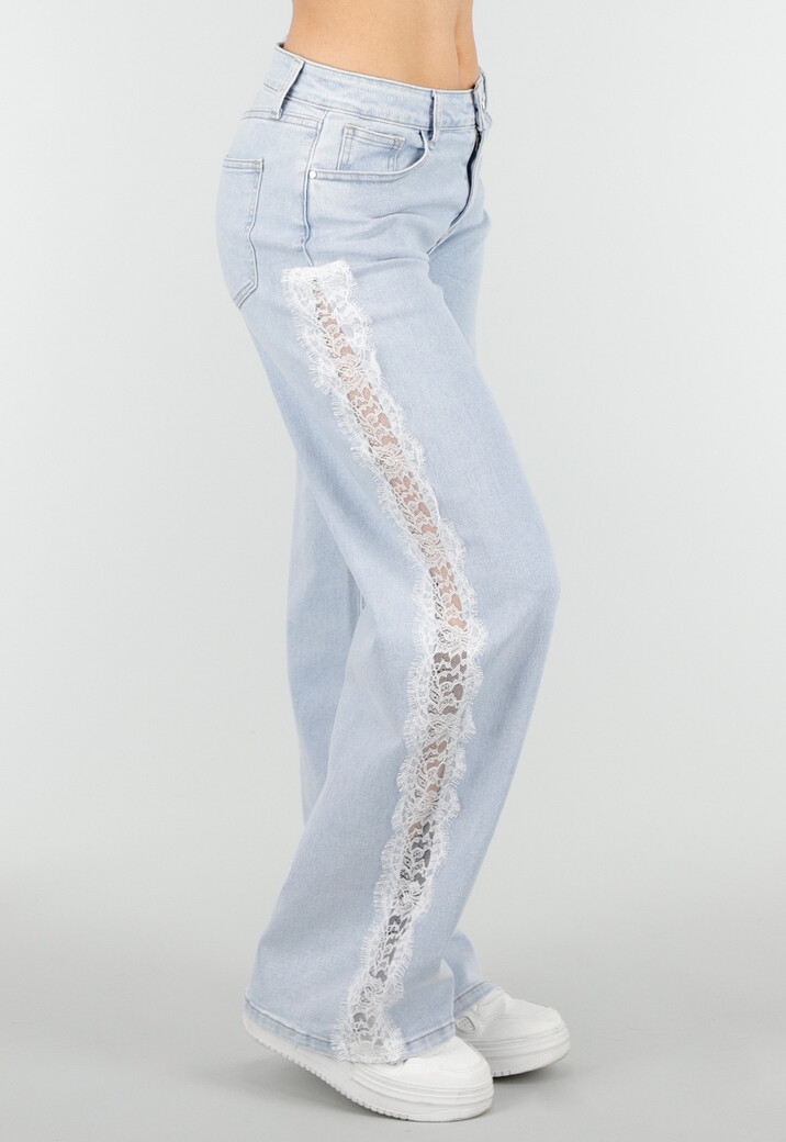 Lichtblauwe Denim Wide Leg Jeans met Kant en Stretch