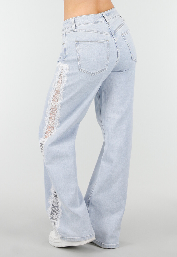 Lichtblauwe Denim Wide Leg Jeans met Kant en Stretch