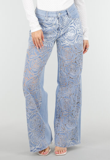 Lichtblauwe Wide Leg Jeans met Bloemenprint