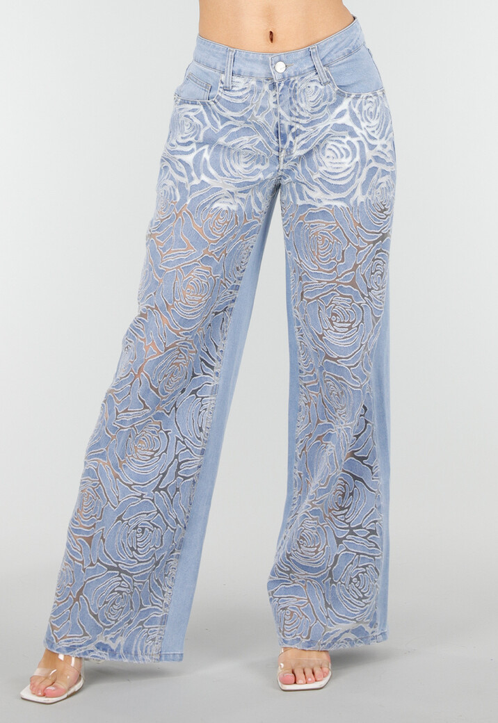 Lichtblauwe Wide Leg Jeans met See-Through Bloemenprint en Stretch
