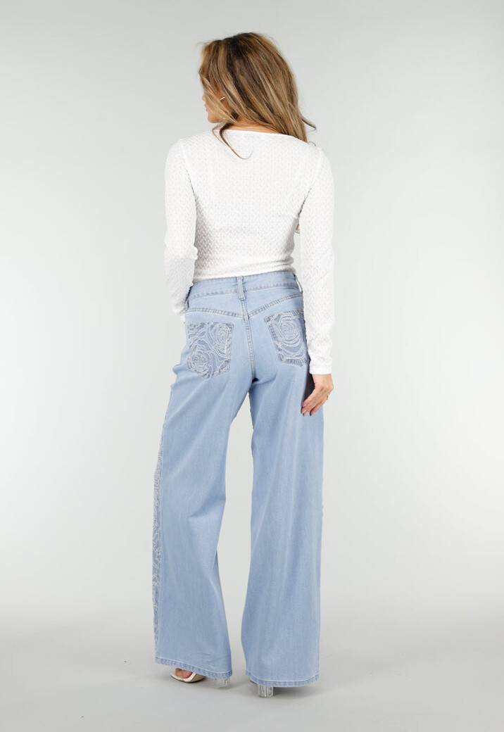 Lichtblauwe Wide Leg Jeans met See-Through Bloemenprint en Stretch