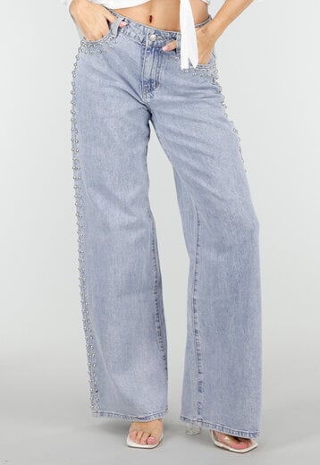 Lichtblauwe Denim Wide Leg Jeans met Studs