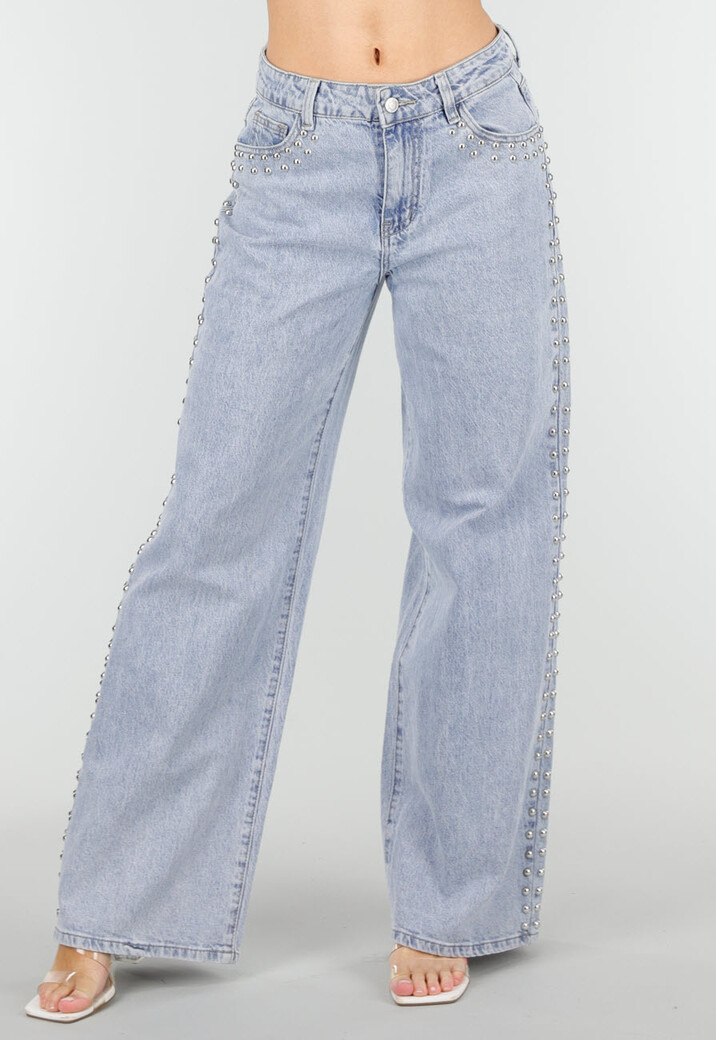 Lichtblauwe Denim Wide Leg Jeans met Studs en High Waist