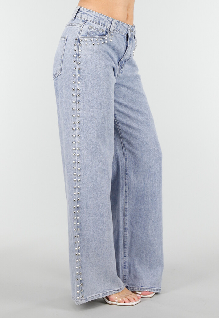 Lichtblauwe Denim Wide Leg Jeans met Studs en High Waist