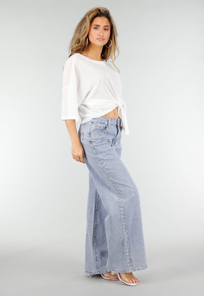 Lichtblauwe Denim Wide Leg Jeans met Studs en High Waist