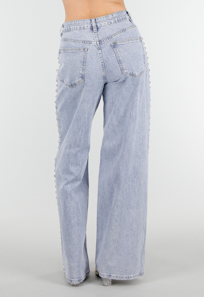 Lichtblauwe Denim Wide Leg Jeans met Studs en High Waist