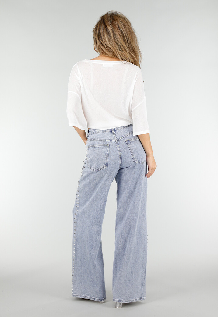 Lichtblauwe Denim Wide Leg Jeans met Studs en High Waist