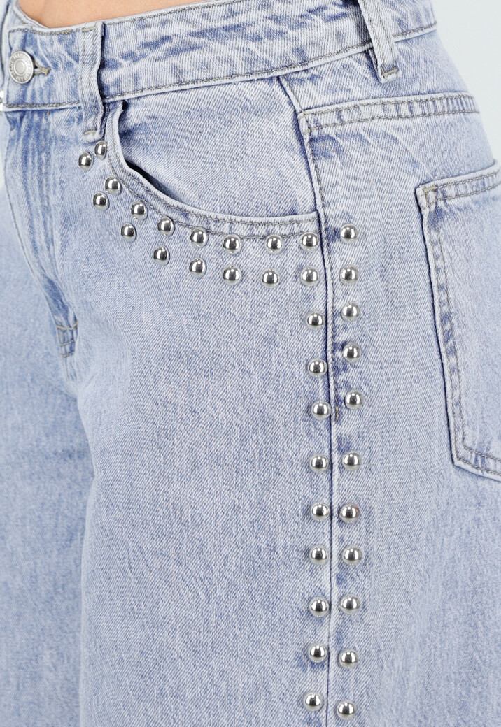 Lichtblauwe Denim Wide Leg Jeans met Studs en High Waist