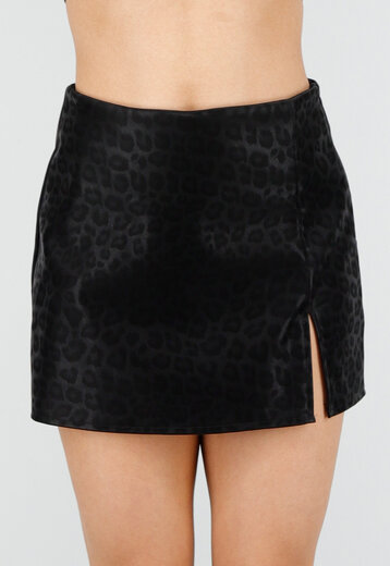 Zwarte Lederlook Luipaard Print Skort met Split