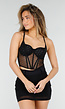 Zwarte Mesh Corset Top met Steentjes en Beugelcups