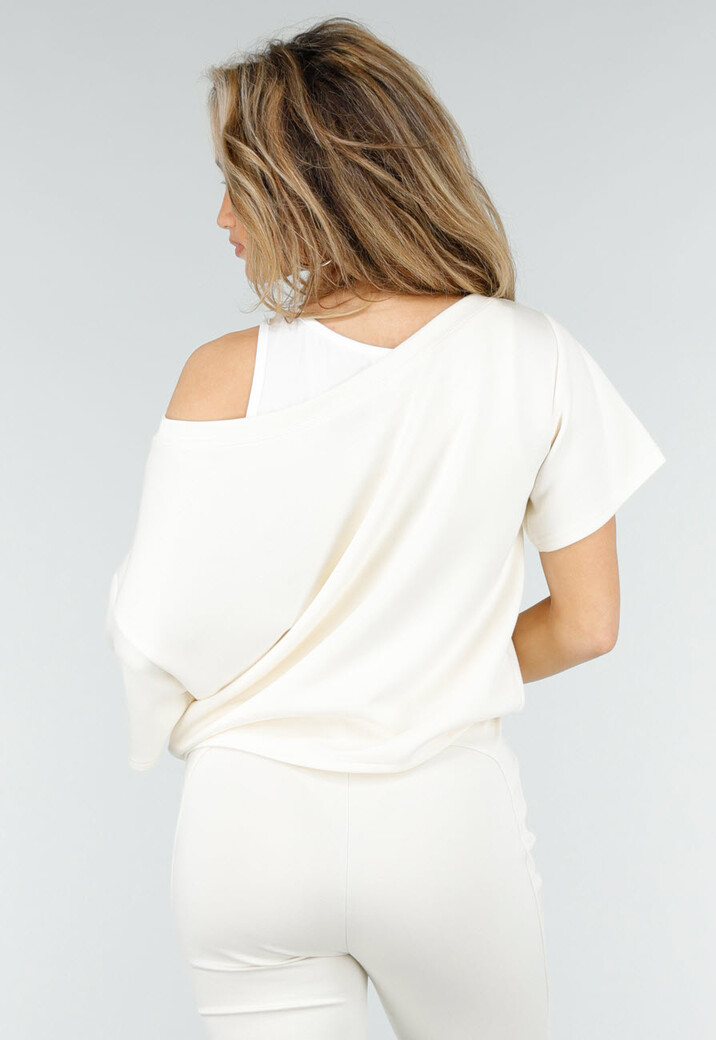 Beige One Shoulder Top met Ingewerkte Top en Stretch