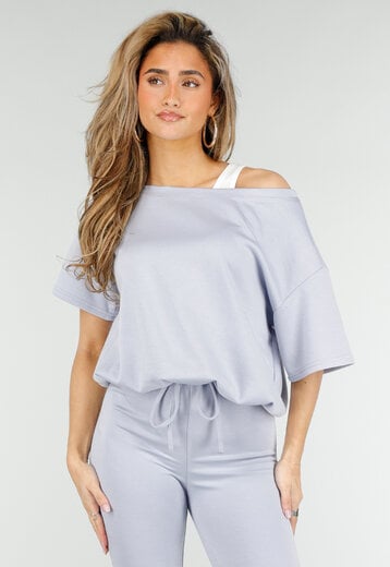Lichtblauwe One Shoulder Top met Ingewerkte Top