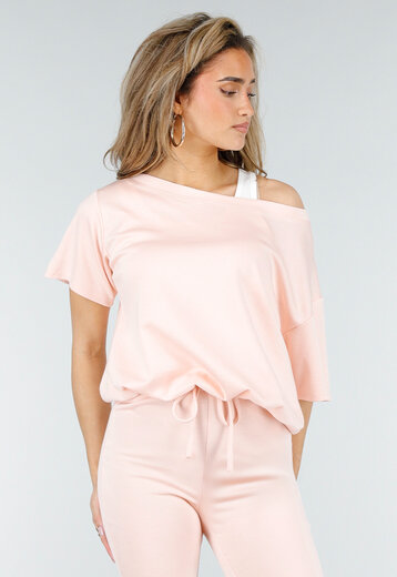 Lichtroze One Shoulder Top met Ingewerkte Top