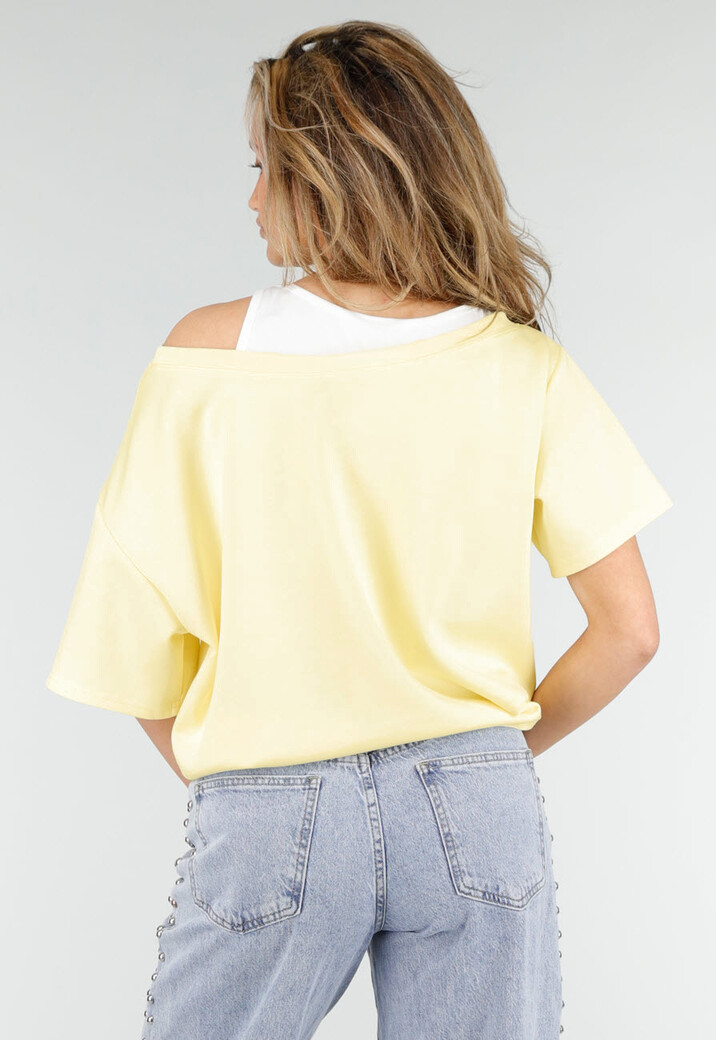 Butter Yellow One Shoulder Top met Ingewerkte Top en Stretch