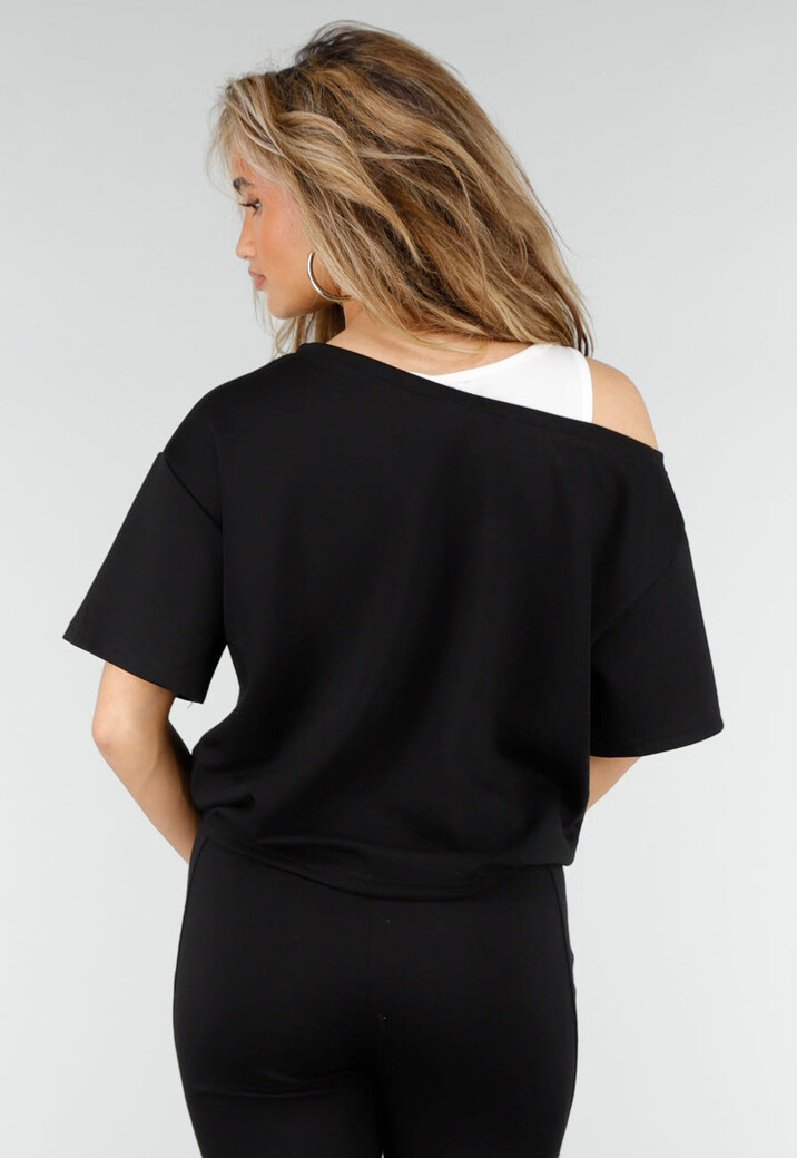Zwarte One Shoulder Top met Ingewerkte Top en Stretch