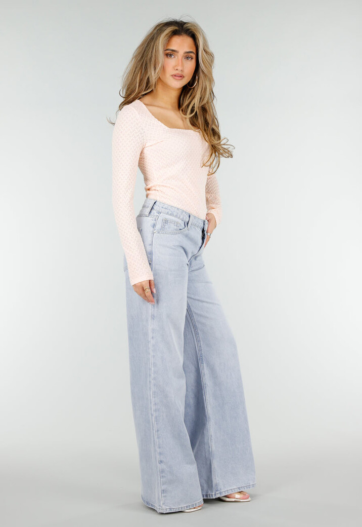 Lichtroze Stretch Top met Lange Mouwen en Vierkante Hals
