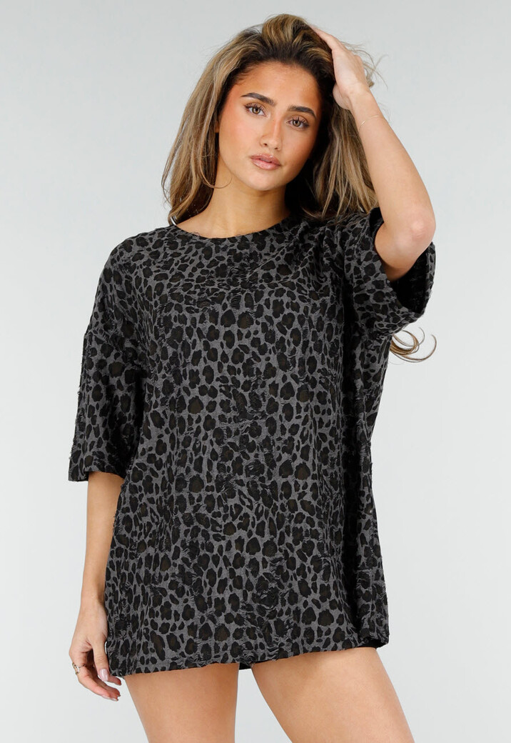 Zwart Grijs Oversized Cheetahprint T-shirt met Korte Mouwen